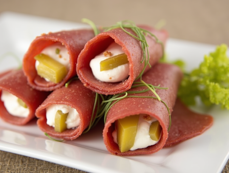 Salami roll-ups with cream cheese and pickles